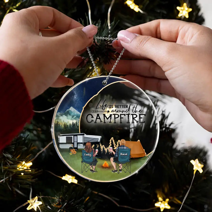 Custom Personalized Moon Camping Circle Acrylic Ornament - Couple/ Parents With Upto 2 Kids And 3 Pets - Christmas Gift Idea For Camping Lover/ Family - Life Is Better Around The Campfire