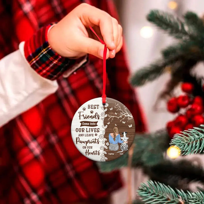 Custom Personalized Memorial Dog Circle Wooden Ornament - Up to 3 Pets - Memorial Gift Idea For Dog/Cat Lover - Best Friends Come Into Our Lives And Leave Paw Prints On Our Hearts