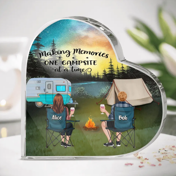 Custom Personalized Camping Moon Heart-Shaped  Acrylic Plaque - Adult/ Couple/ Parents With Up to 2 Kids And 3 Pets - Gift Idea For Camping Lover - Making Memories One Campsite At A Time