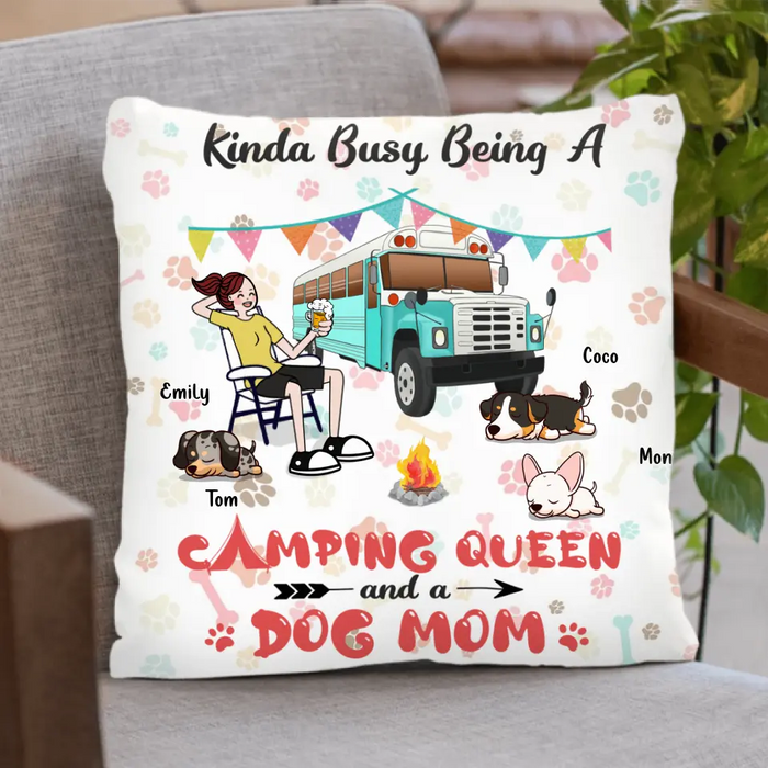 Custom Personalized Camping Queen Pillow Cover - Upto 3 Dogs - Gift Idea For Dog Lovers - Kinda Busy Being A Camping Queen And A Dog Mom