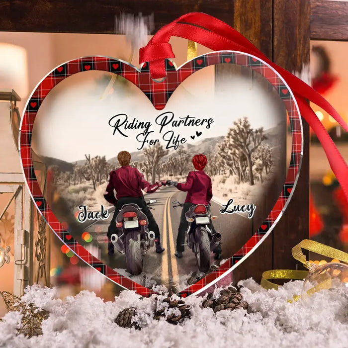 Custom Personalized Motorcycle Couple Heart Acrylic Ornament - Gift Idea For Couple/ Motorbike Lovers - Riding Partners For Life