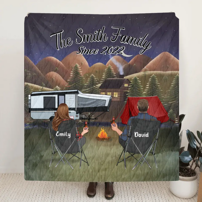 Custom Camping Quilt/Single Layer Fleece Blanket - Gift Idea For Couple, Camping Lovers, Family - Upto 3 Kids, 3 Pets - The Smith Family