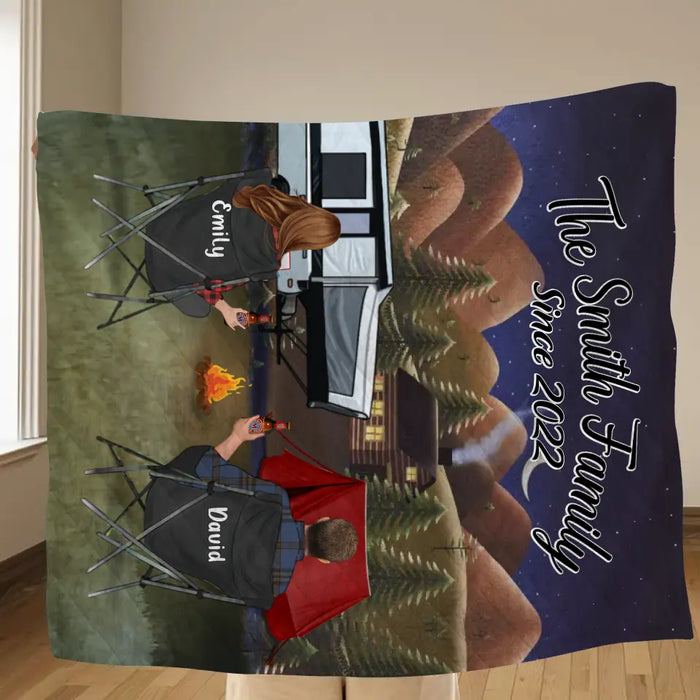 Custom Camping Quilt/Single Layer Fleece Blanket - Gift Idea For Couple, Camping Lovers, Family - Upto 3 Kids, 3 Pets - The Smith Family