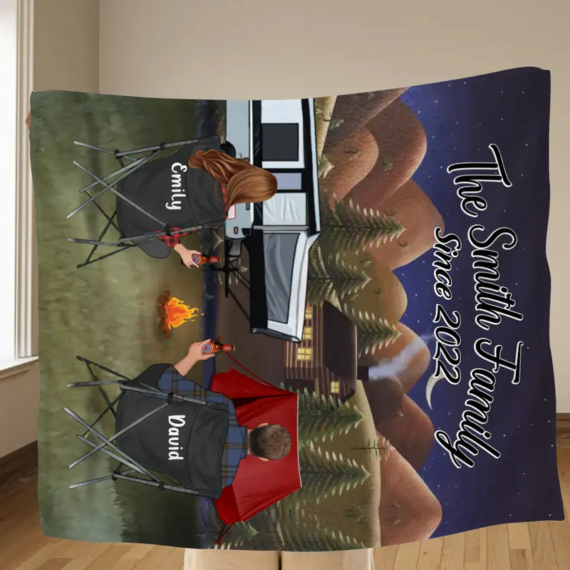 Custom Camping Quilt/Fleece Throw Blanket - Gift Idea For Couple, Camping Lovers, Family - Up to 3 Kids, 3 Pets - The Smith Family