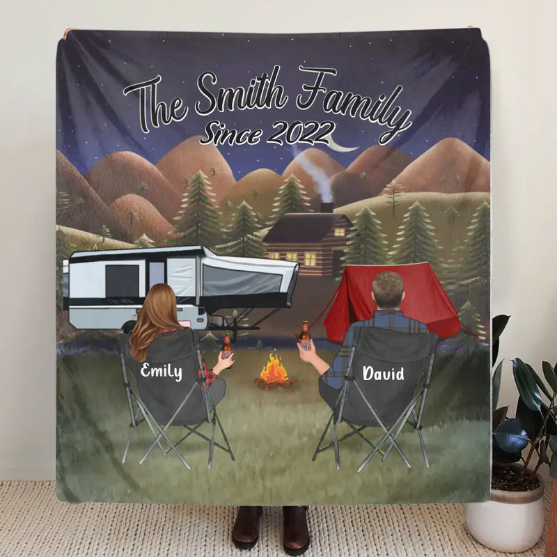 Custom Camping Quilt/Fleece Throw Blanket - Gift Idea For Couple, Camping Lovers, Family - Up to 3 Kids, 3 Pets - The Smith Family