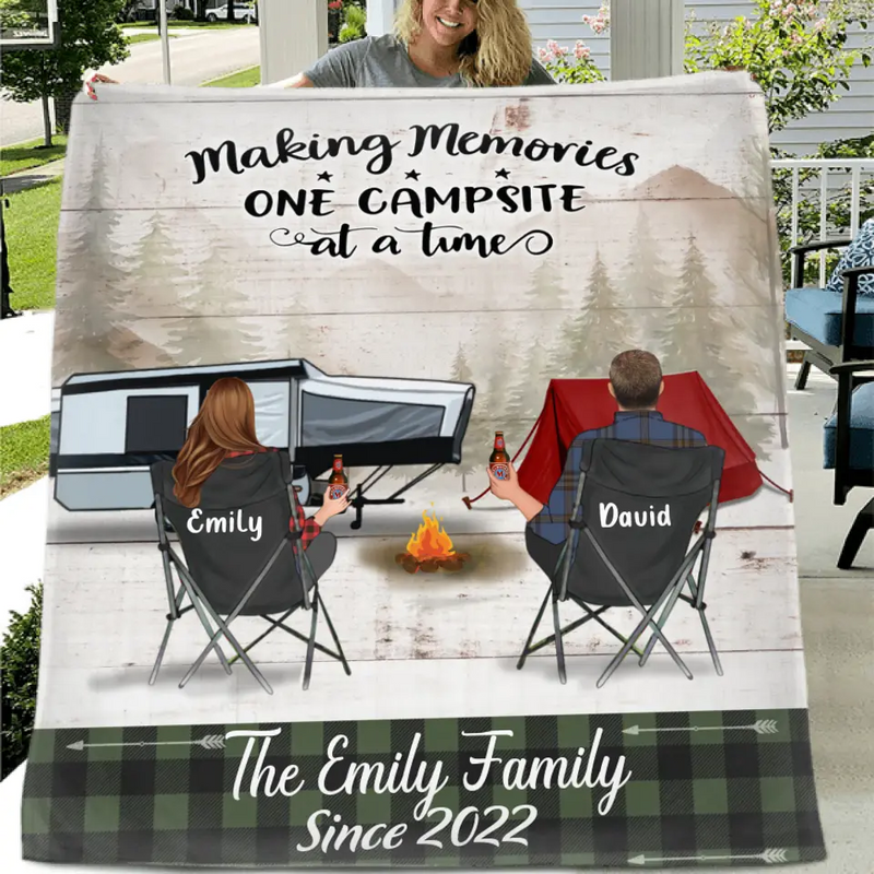 Custom Camping Quilt/Single Layer Fleece Blanket - Gift Idea For Couple, Camping Lovers, Family - Up to 3 Kids, 3 Pets - Making Memories One Campsite At A Time