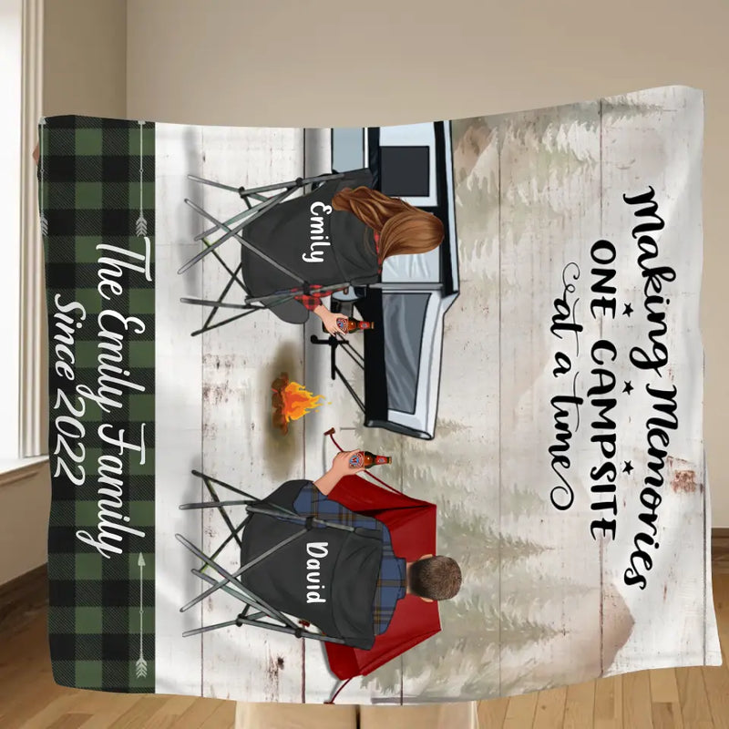 Custom Camping Quilt/Single Layer Fleece Blanket - Gift Idea For Couple, Camping Lovers, Family - Up to 3 Kids, 3 Pets - Making Memories One Campsite At A Time