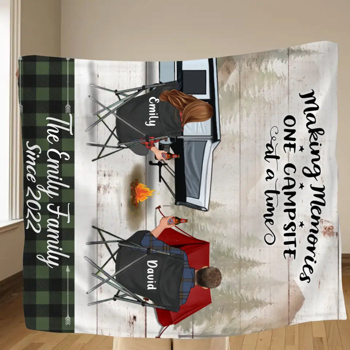 Custom Camping Quilt/Single Layer Fleece Blanket - Gift Idea For Couple, Camping Lovers, Family - Upto 3 Kids, 3 Pets - Making Memories One Campsite At A Time