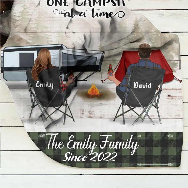 Custom Camping Quilt/Single Layer Fleece Blanket - Gift Idea For Couple, Camping Lovers, Family - Up to 3 Kids, 3 Pets - Making Memories One Campsite At A Time