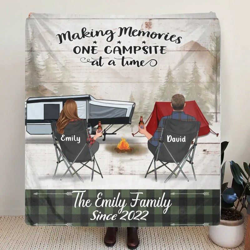Custom Camping Quilt/Single Layer Fleece Blanket - Gift Idea For Couple, Camping Lovers, Family - Up to 3 Kids, 3 Pets - Making Memories One Campsite At A Time