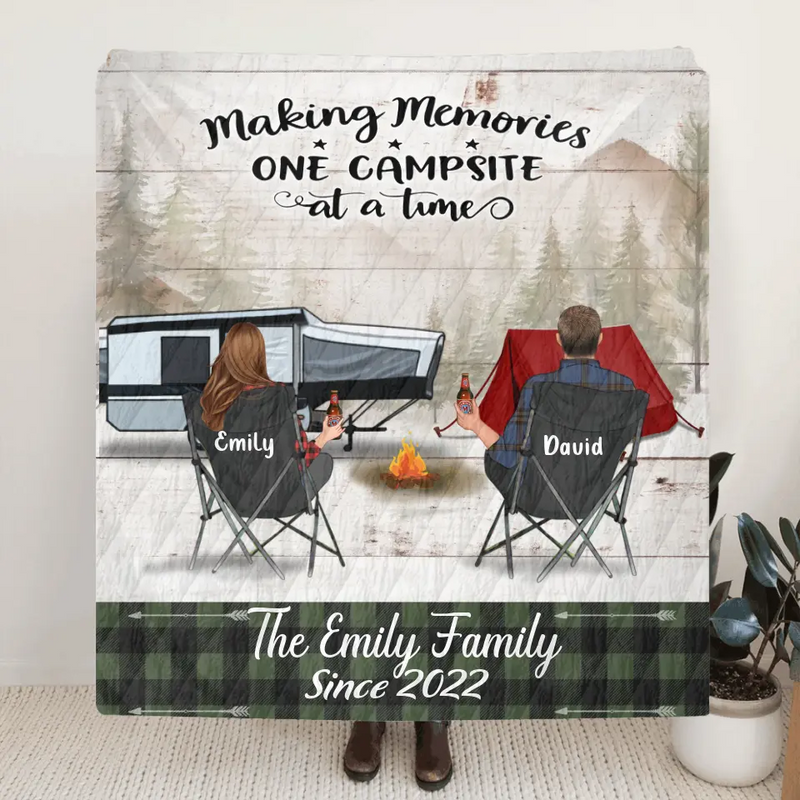Custom Camping Quilt/Single Layer Fleece Blanket - Gift Idea For Couple, Camping Lovers, Family - Up to 3 Kids, 3 Pets - Making Memories One Campsite At A Time