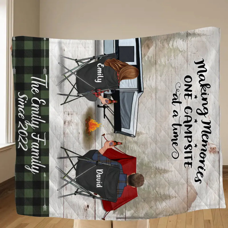 Custom Camping Quilt/Single Layer Fleece Blanket - Gift Idea For Couple, Camping Lovers, Family - Up to 3 Kids, 3 Pets - Making Memories One Campsite At A Time