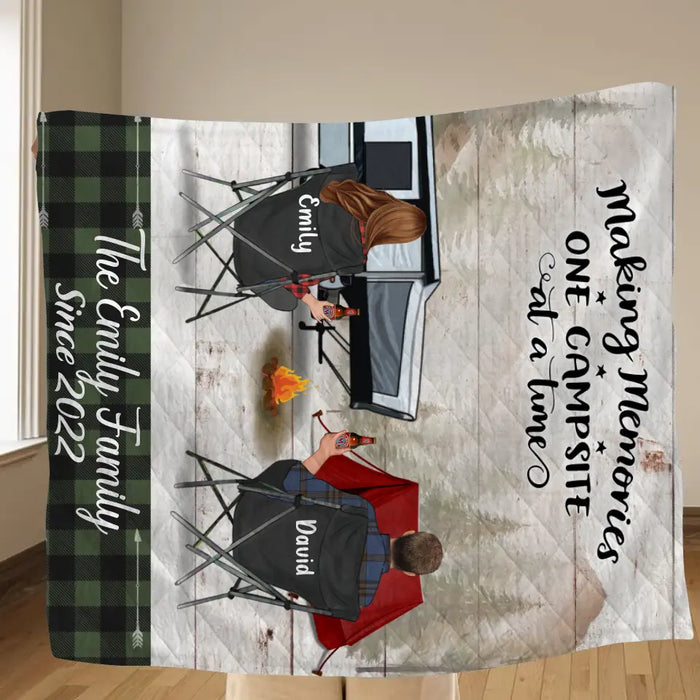 Custom Camping Quilt/Single Layer Fleece Blanket - Gift Idea For Couple, Camping Lovers, Family - Upto 3 Kids, 3 Pets - Making Memories One Campsite At A Time