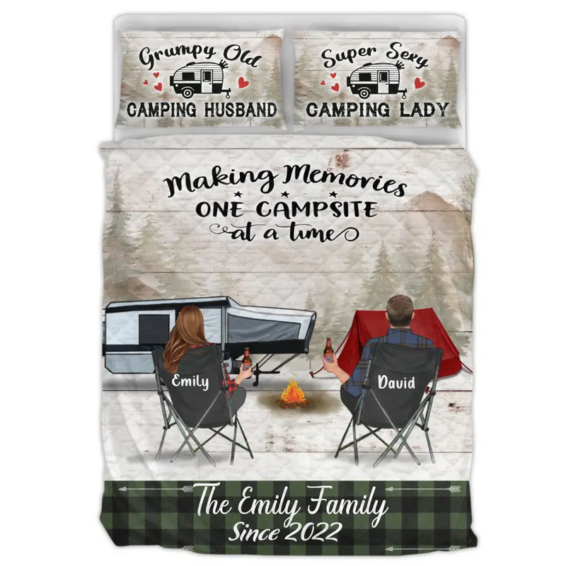 Custom Camping Quilt Bed Sets - Gift Idea For Couple, Camping Lovers, Family - Up to 3 Kids, 3 Pets - Making Memories One Campsite At A Time