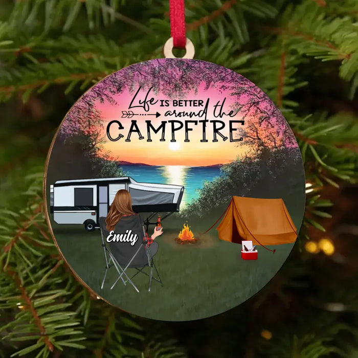 Custom Personalized Camping Circle Wooden Ornament - Upto 3 Children And 4 Pets - Gift Idea For Camping Lovers - Life Is Better Around The Campfire