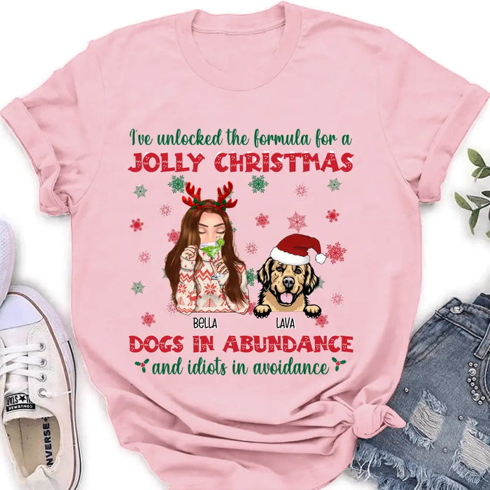 Custom Personalized Dog Mom Christmas Shirt/ Hoodie - Up to 4 Dogs - Christmas Gift For Dog Lover - I've Unlocked The Formula For A Jolly Christmas