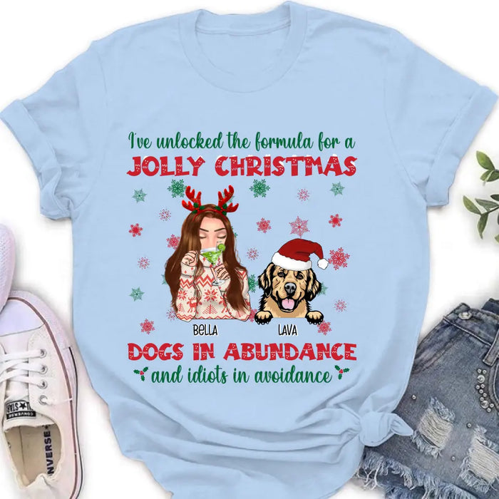 Custom Personalized Dog Mom Christmas Shirt/ Hoodie - Up to 4 Dogs - Christmas Gift For Dog Lover - I've Unlocked The Formula For A Jolly Christmas