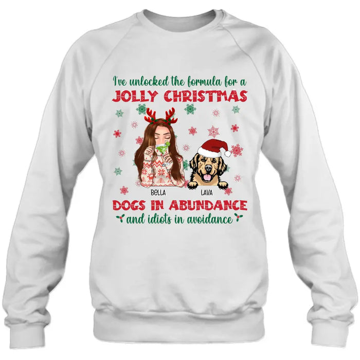 Custom Personalized Dog Mom Christmas Shirt/ Hoodie - Up to 4 Dogs - Christmas Gift For Dog Lover - I've Unlocked The Formula For A Jolly Christmas