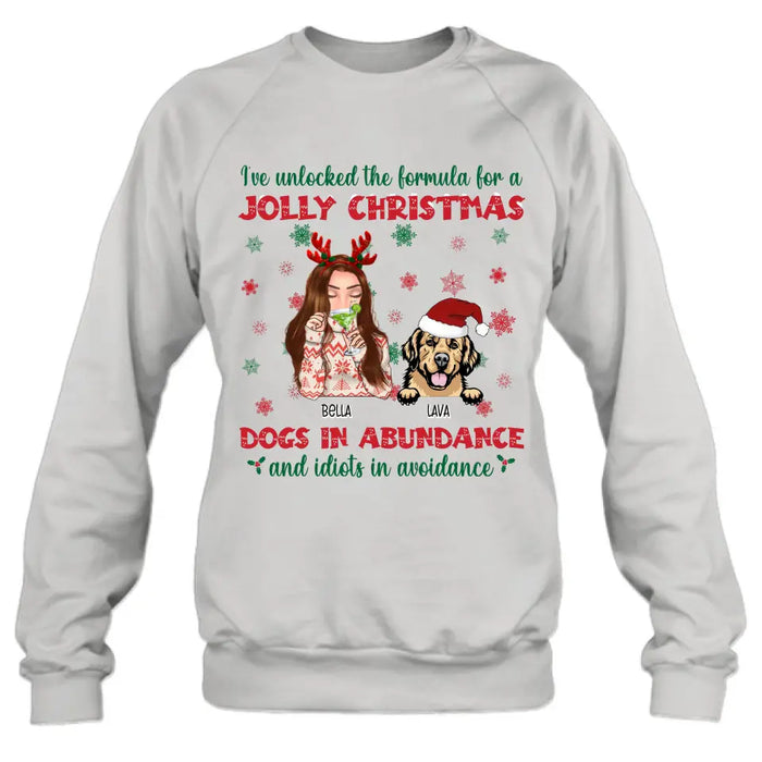 Custom Personalized Dog Mom Christmas Shirt/ Hoodie - Up to 4 Dogs - Christmas Gift For Dog Lover - I've Unlocked The Formula For A Jolly Christmas