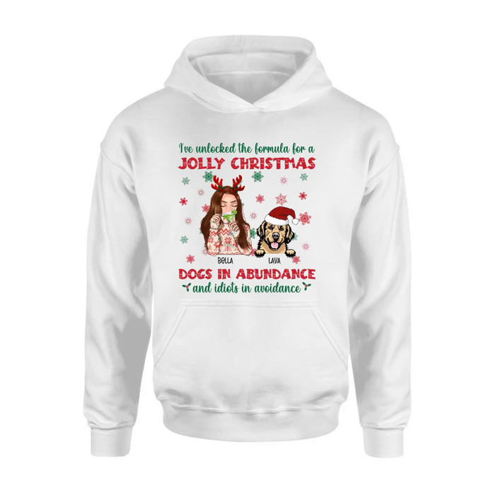 Custom Personalized Dog Mom Christmas Shirt/ Hoodie - Up to 4 Dogs - Christmas Gift For Dog Lover - I've Unlocked The Formula For A Jolly Christmas