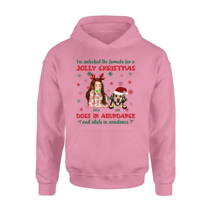 Custom Personalized Dog Mom Christmas Shirt/ Hoodie - Up to 4 Dogs - Christmas Gift For Dog Lover - I've Unlocked The Formula For A Jolly Christmas