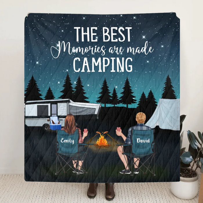 Personalized Camping Quilt/Single Layer Fleece Blanket - Gift Idea For Couple, Camping Lovers, Family - Upto 5 Kids, 4 Pets - The Best Memories Are Made Camping