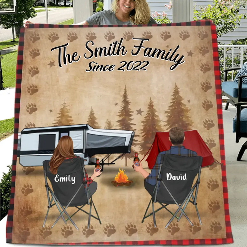 Custom Camping Quilt/Fleece Throw Blanket - Gift Idea For Couple, Camping Lovers, Family - Up to 3 Kids, 3 Pets