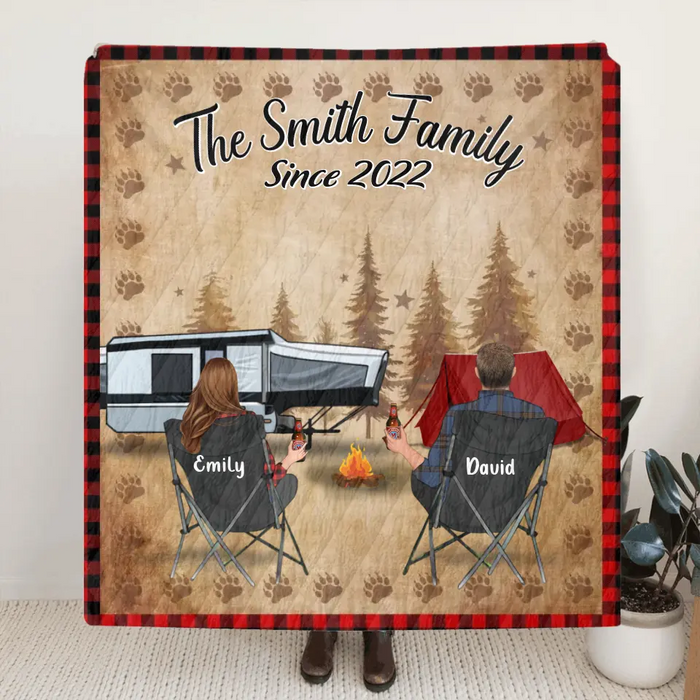 Custom Camping Quilt/Single Layer Fleece Blanket - Gift Idea For Couple, Camping Lovers, Family - Upto 3 Kids, 3 Pets