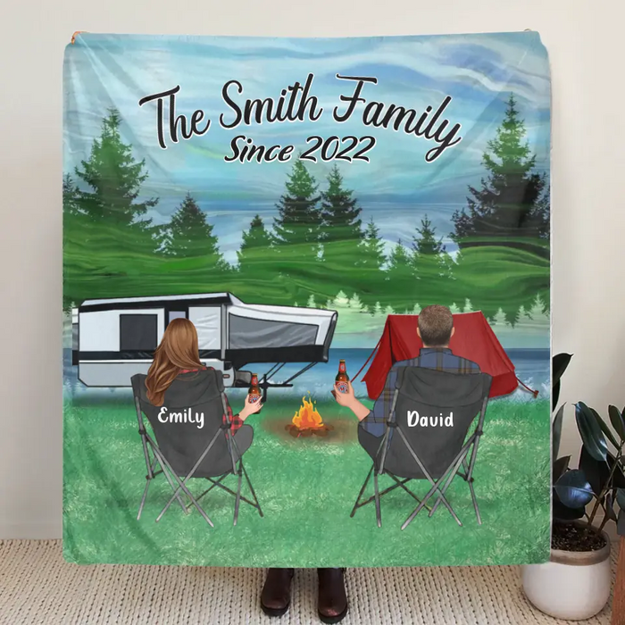 Personalized Camping Quilt/Single Layer Fleece Blanket - Gift Idea For Couple, Camping Lovers, Family - Upto 3 Kids, 3 Pets