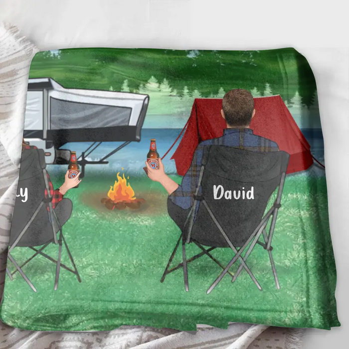 Personalized Camping Quilt/Single Layer Fleece Blanket - Gift Idea For Couple, Camping Lovers, Family - Upto 3 Kids, 3 Pets