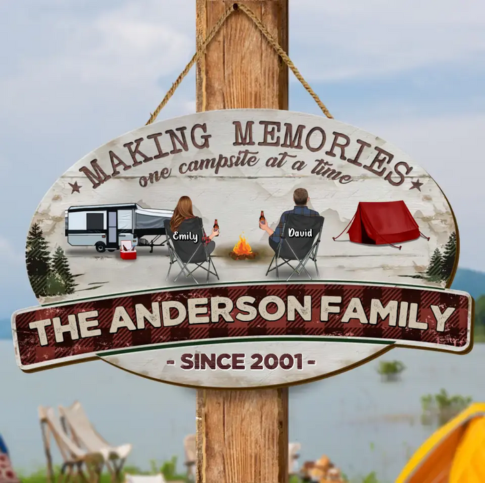 Custom Personalized Camping Wooden Sign - Gift Idea For Couple/ Family/ Camping Lover - Couple/ Adult With Up to 3 Kids And 3 Pets - Making Memories One Campsite At A Time