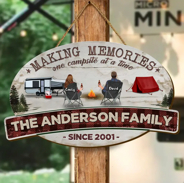 Custom Personalized Camping Wooden Sign - Gift Idea For Couple/ Family/ Camping Lover - Couple/ Adult With Up to 3 Kids And 3 Pets - Making Memories One Campsite At A Time