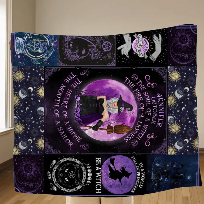 Custom Personalized Witch Quilt/Single Layer Fleece Blanket - Halloween Gift Idea For Witch Lovers - October Woman The Soul of A Witch The Fire Of A Lioness