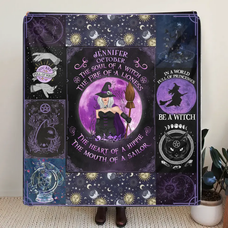 Personalized Witch Fleece Throw Blanket & Quilt - Halloween Gift Idea For Witch Lovers - October Woman The Soul of A Witch The Fire Of A Lioness