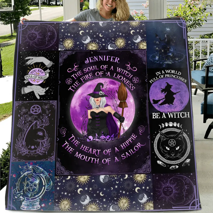 Custom Personalized Witch Quilt/Single Layer Fleece Blanket - Halloween Gift Idea For Witch Lovers - The Soul of A Witch The Fire Of A Lioness