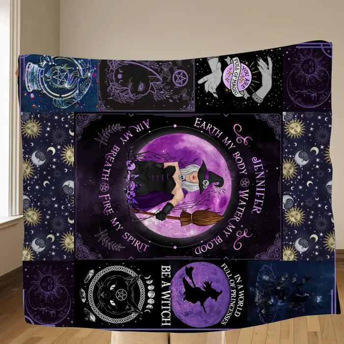 Custom Personalized Witch Quilt/Single Layer Fleece Blanket - Halloween Gift Idea For Witch Lovers - Earth My Body Water My Blood Air My Breath Fire My Spirit