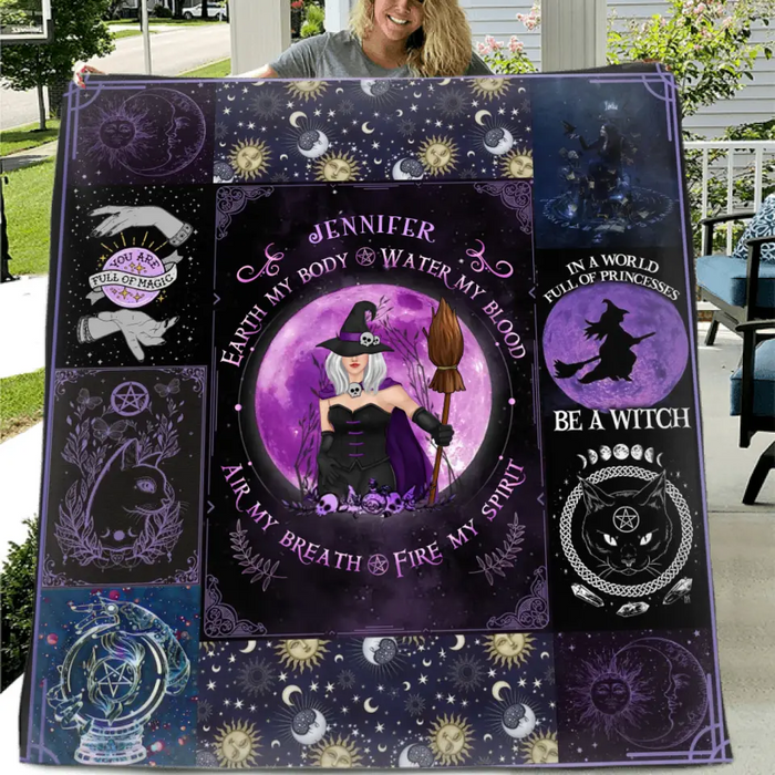 Custom Personalized Witch Quilt/Single Layer Fleece Blanket - Halloween Gift Idea For Witch Lovers - Earth My Body Water My Blood Air My Breath Fire My Spirit