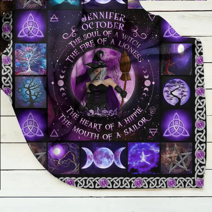 Personalized Witch Quilt/Fleece Blanket - Halloween Gift Idea For Witch Lovers - October Woman The Soul of A Witch The Fire Of A Lioness