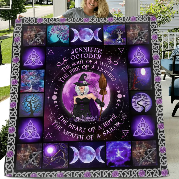 Personalized Witch Quilt/Fleece Blanket - Halloween Gift Idea For Witch Lovers - October Woman The Soul of A Witch The Fire Of A Lioness