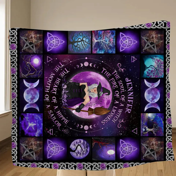 Personalized Witch Quilt/Single Layer Fleece Blanket- Halloween Gift Idea For Witch Lovers - The Soul of A Witch The Fire Of A Lioness