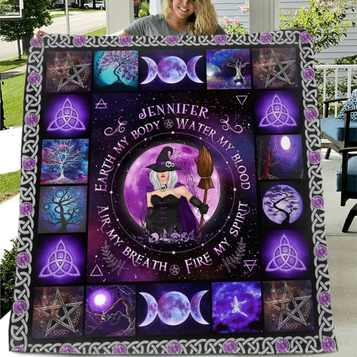 Personalized Witch Quilt/Fleece Blanket - Halloween Gift Idea For Witch Lovers - Earth My Body Water My Blood Air My Breath Fire My Spirit