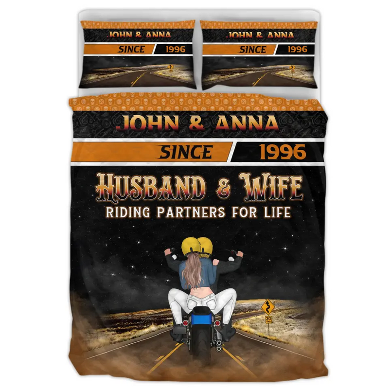 Personalized Couple Biker Quilt Bed Sets - Gift Idea For Him/Gift To Husband From Wife - Husband & Wife Riding Partners For Life