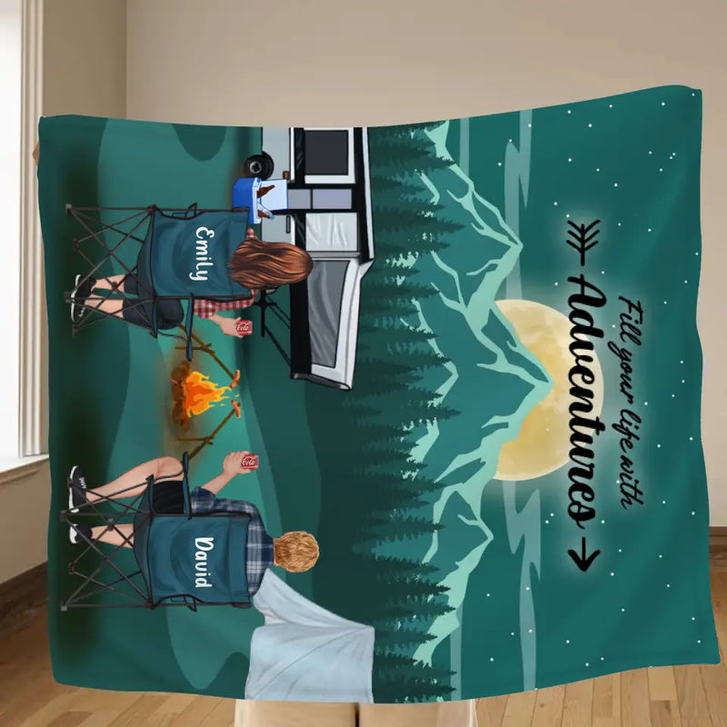Custom Camping Quilt/Fleece Throw Blanket - Gift Idea For Couple, Camping Lovers, Family - Up to 5 Kids, 4 Pets - Fill Your Life With Adventures