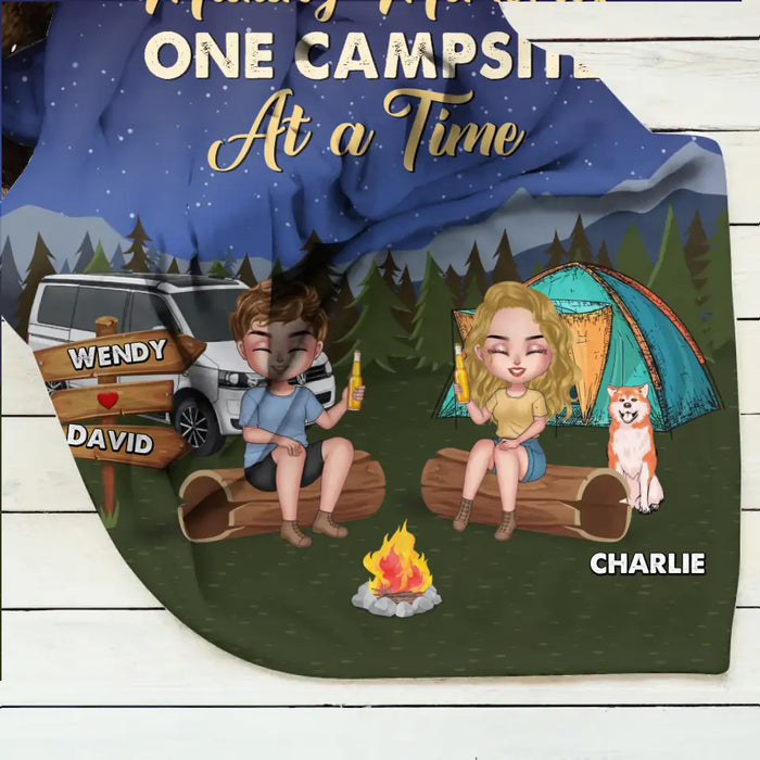 Personalized Camping Quilt/Single Layer Fleece Blanket - Gift Idea For Couple/Dog Lovers - Making Memories One Campsite At A Time
