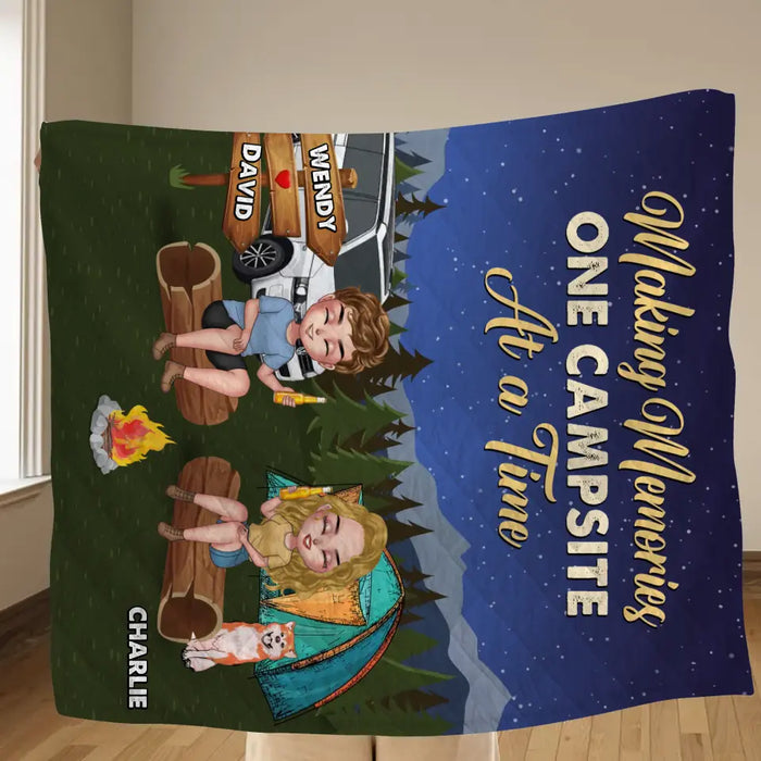 Personalized Camping Quilt/Single Layer Fleece Blanket - Gift Idea For Couple/Dog Lovers - Making Memories One Campsite At A Time