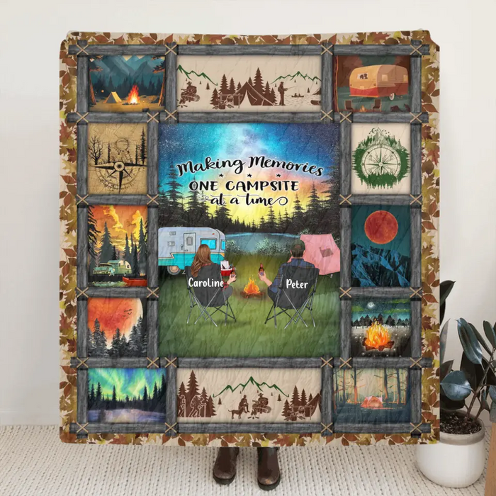 Personalized Camping Quilt/Single Layer Fleece Blanket - Gift Idea For Couple/Camping Lovers/Pet Lover - Making Memories One Campsite At A Time