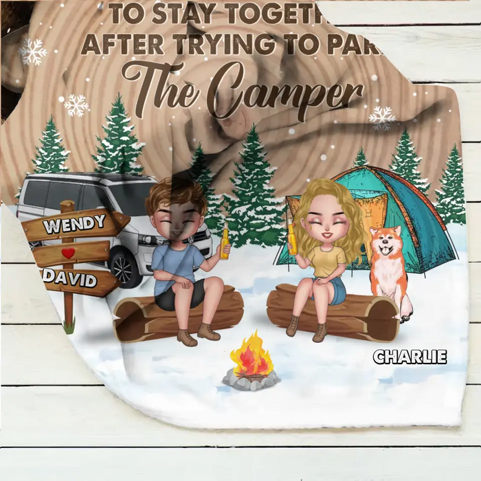 Personalized Camping Quilt/Single Layer Fleece Blanket - Gift Idea For Couple/Dog Lover - Love is to stay together after trying to park the camper