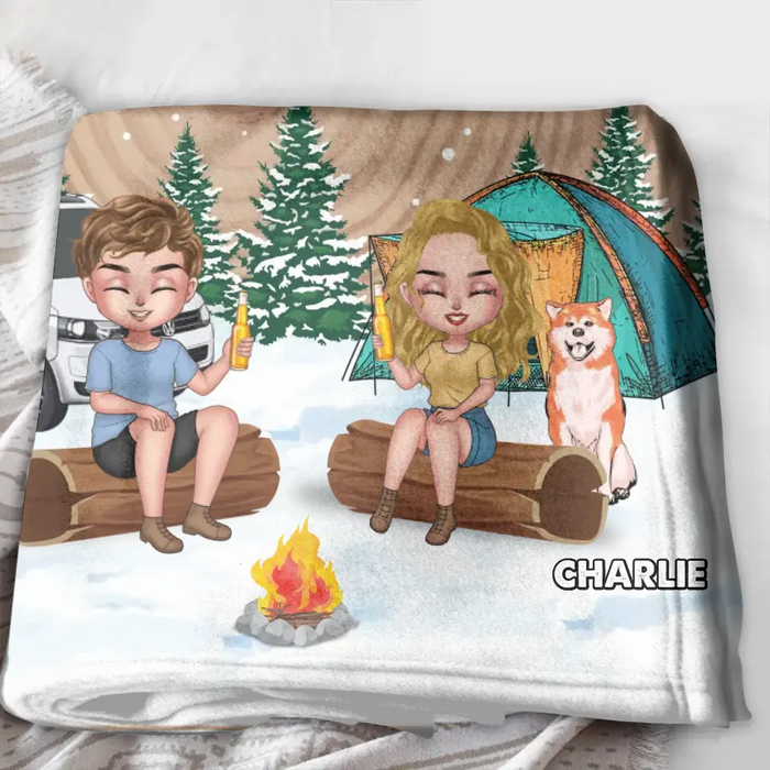 Personalized Camping Quilt/Single Layer Fleece Blanket - Gift Idea For Couple/Dog Lover - Love is to stay together after trying to park the camper