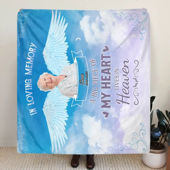 Custom Personalized Memorial Photo Single Layer Fleece Blanket - Memorial Gift Idea For Family Member - A Big Piece Of My Heart Lives In Heaven