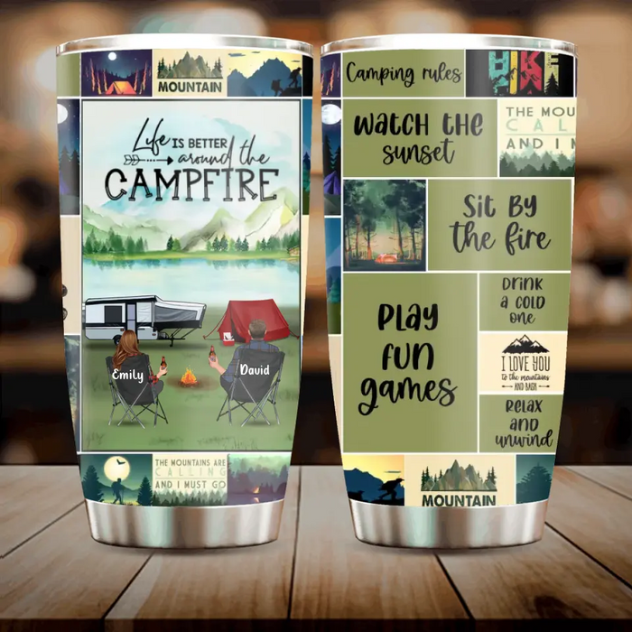 Custom Personalized Camping Tumbler - Couple/Parents With Upto 3 Kids And 3 Pets - Gift Idea For Couple/ Family/ Camping Lover - Life Is Better Around The Campfire